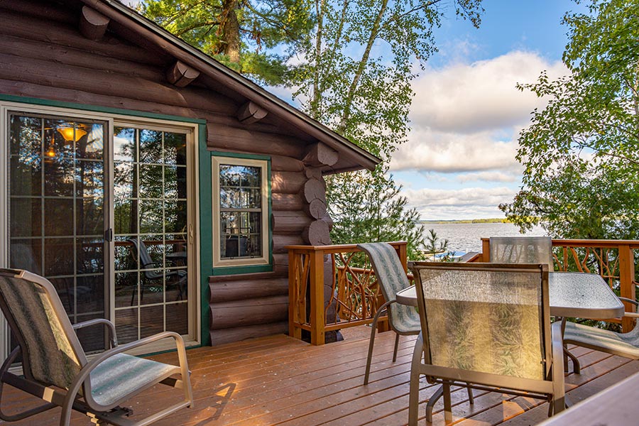 Lakefront cabin deck overlooking lake view